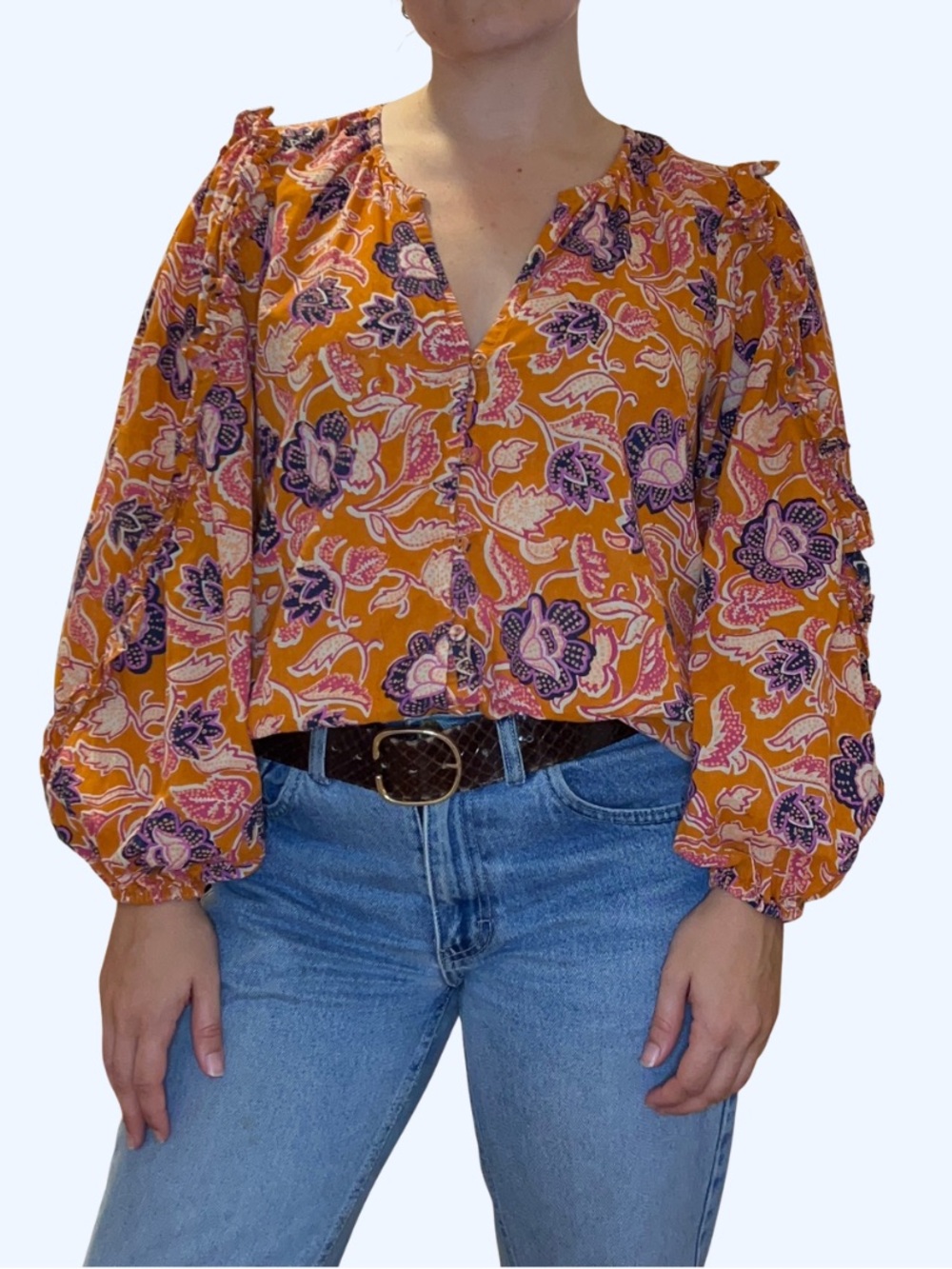 Cleobella Orange Floral V-Neck Peasant Blouse